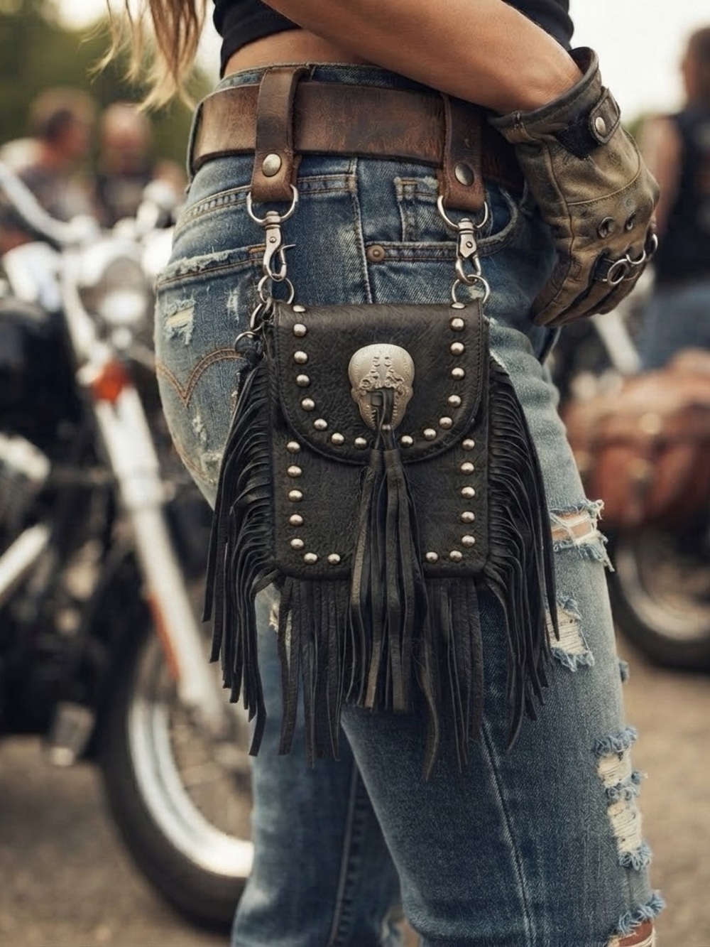 Black Fringed & Studded Skull Biker Hip Clip Purse/Biker Pouch